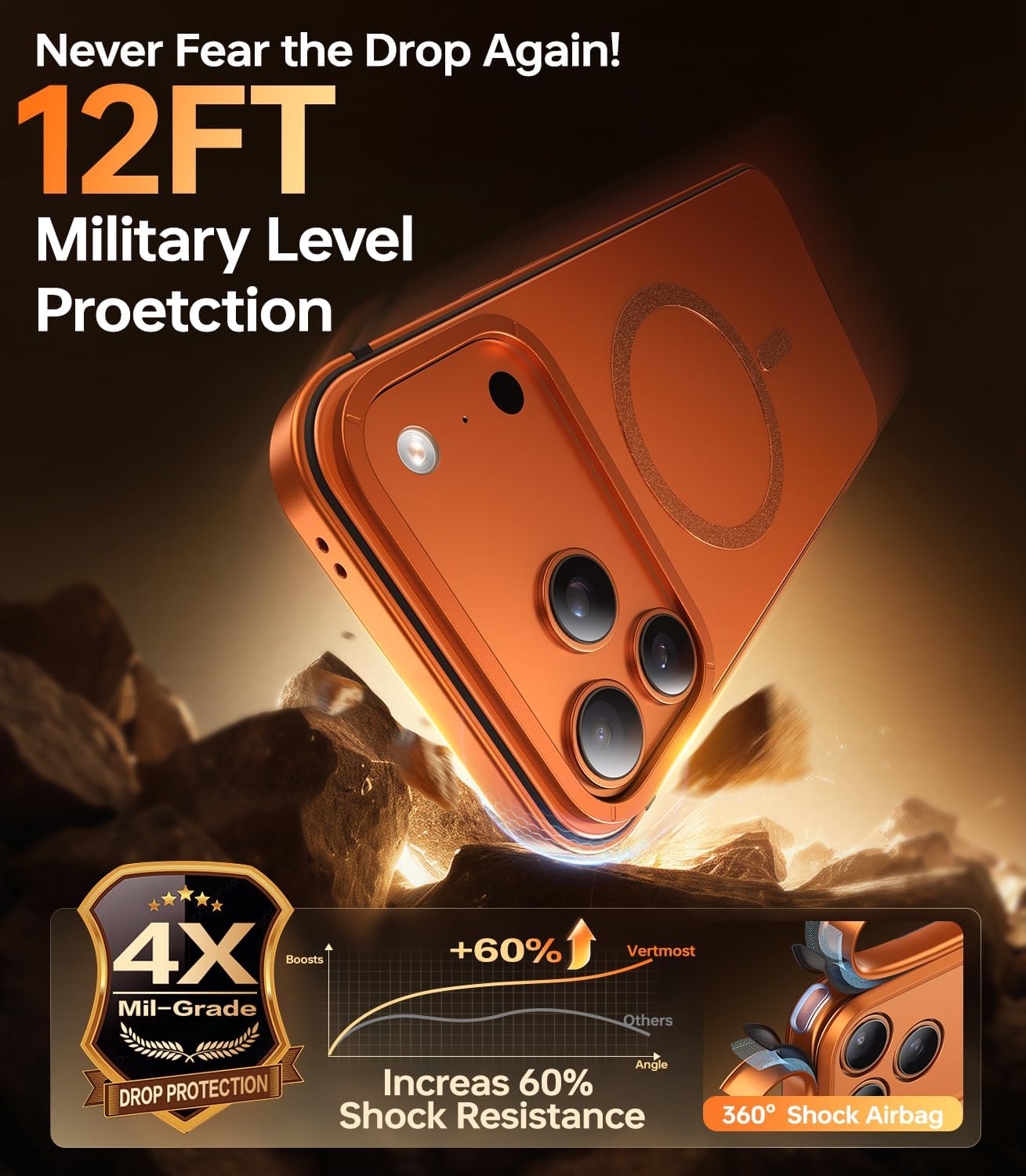 Magnetic for iPhone 17 Pro Max Case, [1:1 Metal Original Grip] Fit for MagSafe [Military-Grade Protection] with Shockproof Anti-Lining Slim Cover for iPhone 17 Pro Max Phone Case,Orange - Image 5