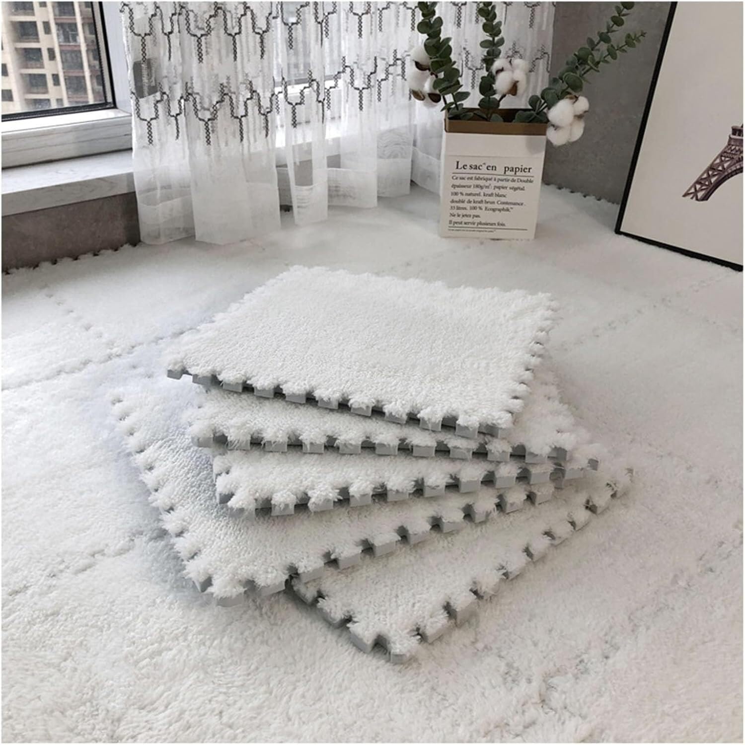 JvFbjLF Plush Foam Floor Mat 12x12inch Square Foam Playmat Fluffy Interlocking Foam Tiles(White,20pcs)