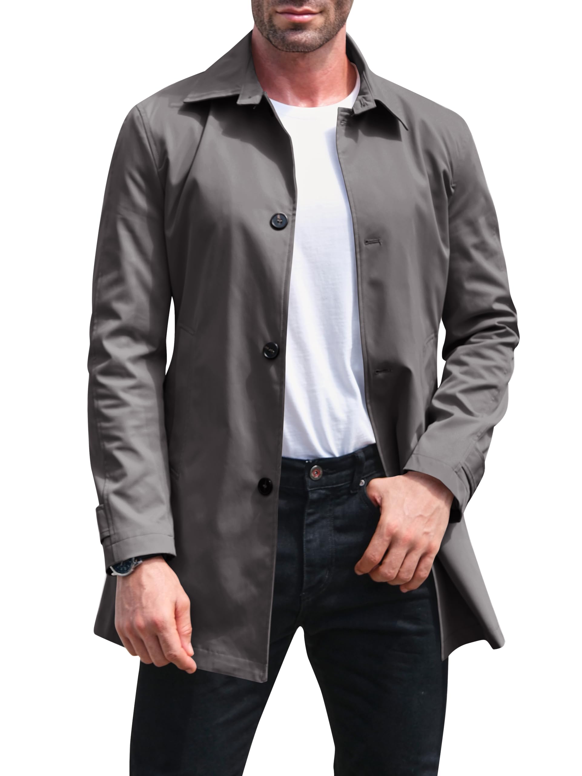 Makkrom Mens Trench Coat Single Breasted Casual Spread Collar Windbreak Jacket Long Classic Business Overcoat