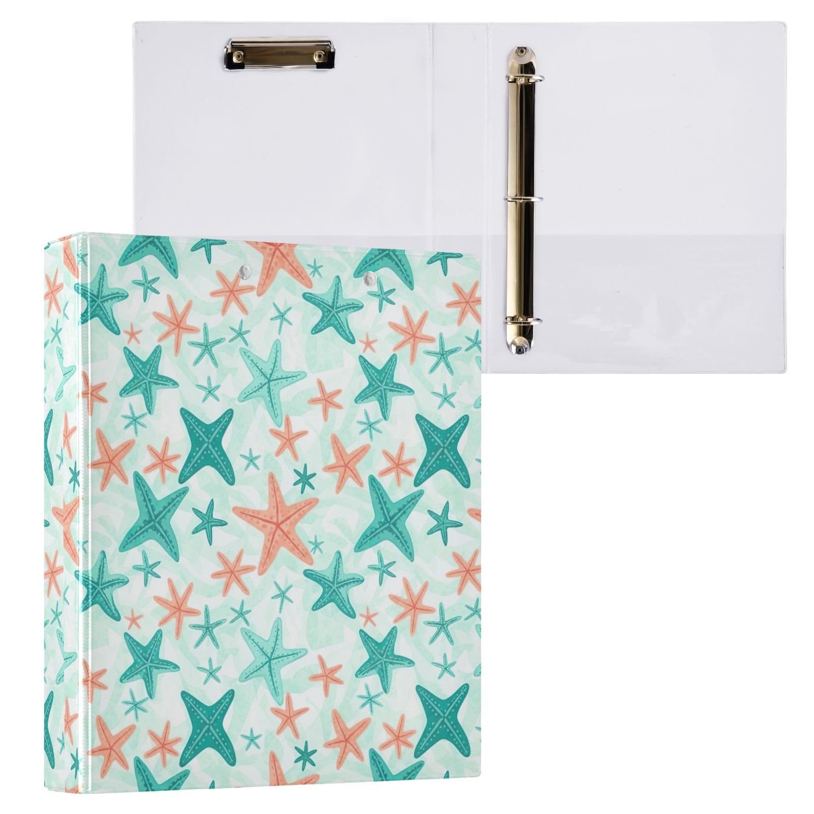 Raccoglitore a tre anelli colorato con stelle marine color foglia di tè, 3,8 cm, raccoglitori flessibili ad anelli con tasche, per scuola, università, ufficio (confezione da 2)