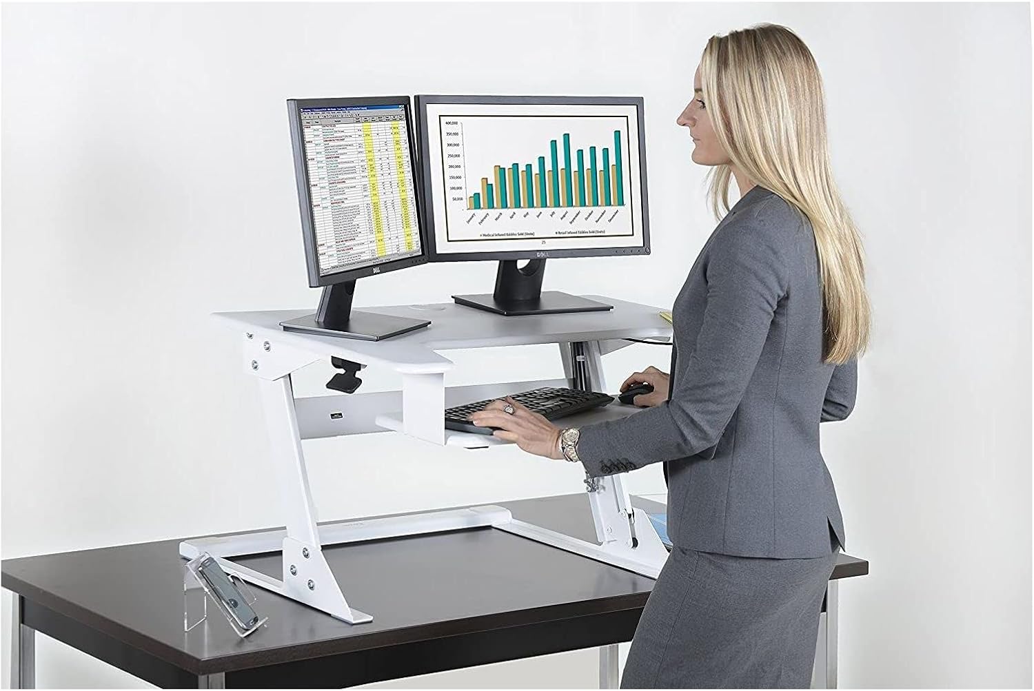 Kantek Standing Desk Converter, Adjustable Upto 20", Extra Wide Platform, Fits Dual Monitors, Sit to Stand Home Office Workstation, Grommet Hole, EZ Lift, White