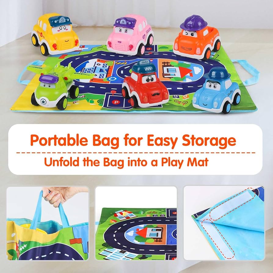 Giocattolo Macchinine Pull-Back Per Bambini 1-3 Anni – Set 6 Veicoli Con Borsa Portaoggetti Che Diventa Tappetino Da Gioco, Regalo Educativo