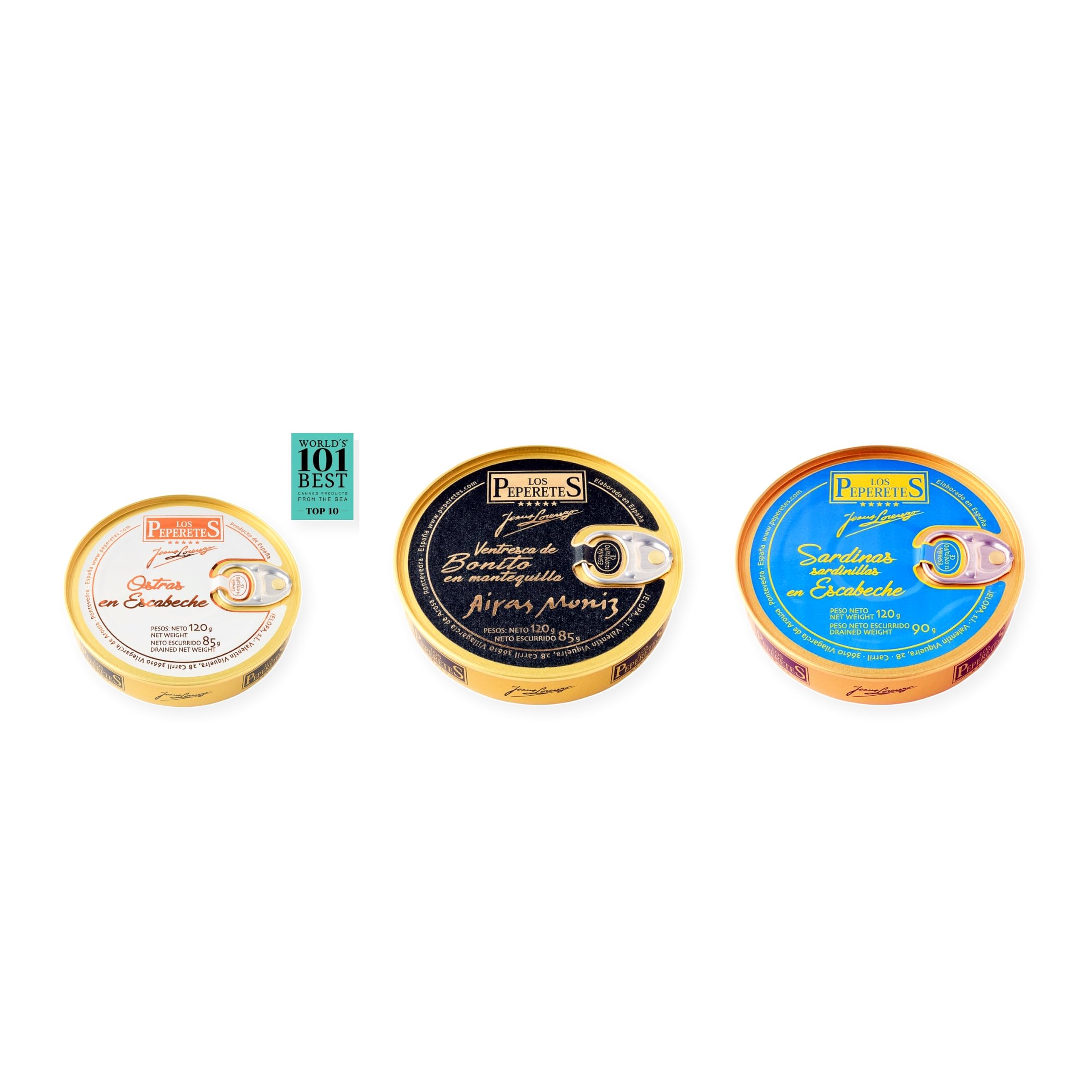los peperetes conservas Ostras Escabeche, Ventresca Bonito Mantequilla y Sardinillas Escabeche pack 3 latas