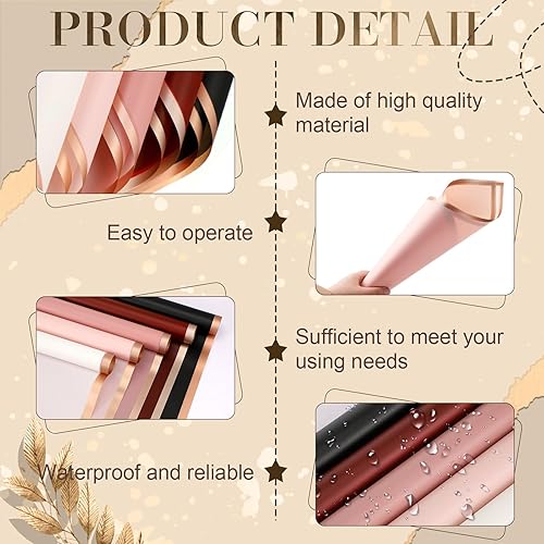 Miniatura 3 de Fulmoon 100 hojas de papel de regalo de flores con borde dorado, papel de embalaje translúcido, papel floral impermeable, suministros de ramo de