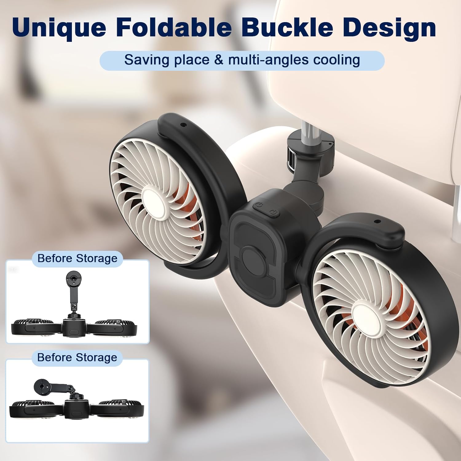 Backseat Car Fan For Kids: Battery & USB Powered 5V/2A Rear Seat Car Cooling Fans, 3 Speed Independent Control, 360° Rotatable Auto Headrest Cooler For Vehicle Sedan Truck Pickup Air Circulation