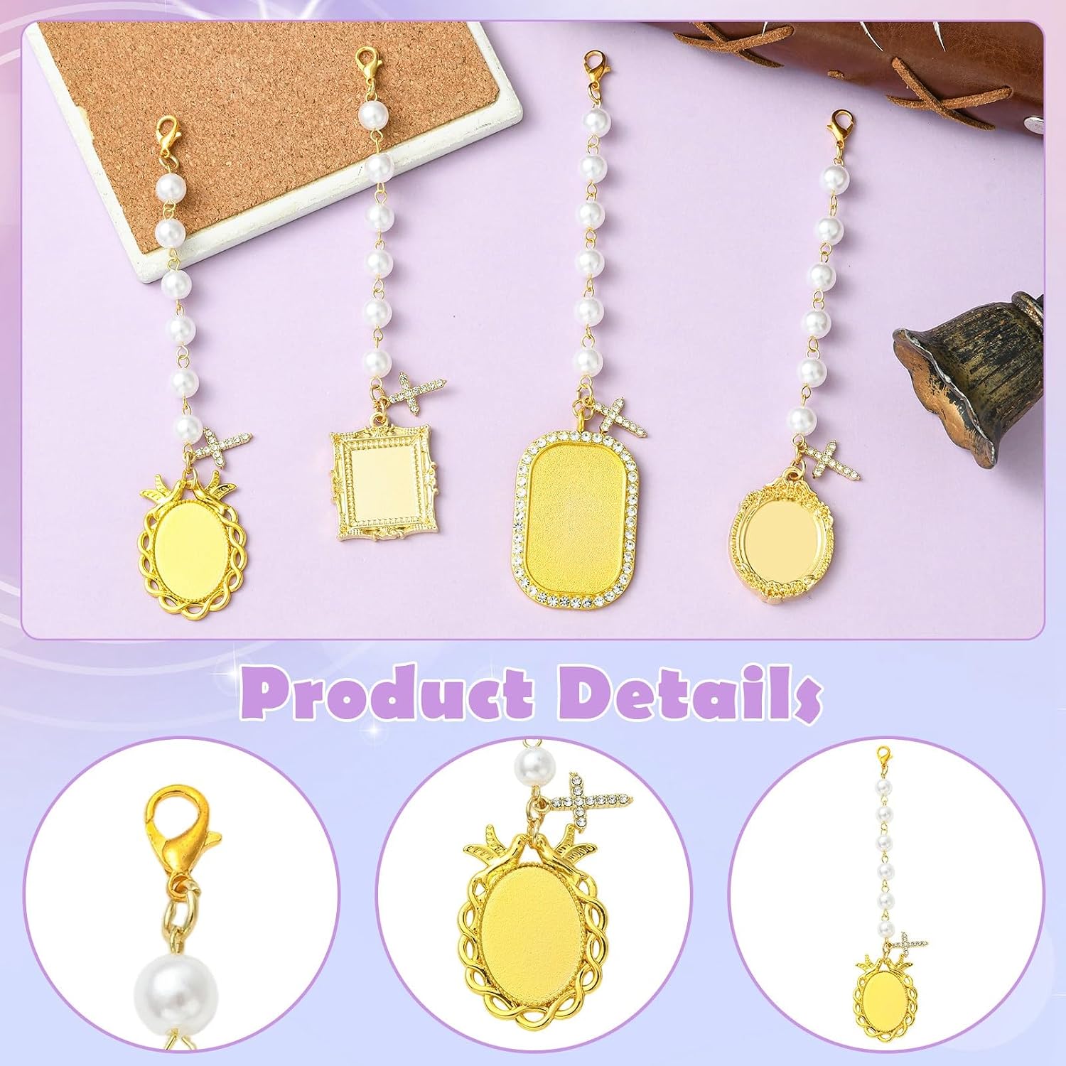 LiQunSweet 4 Pcs Photo Frame Charms, Blank Bezel Memory Charm, with Imitated Pearl, Golden Alloy ABS Plastic, Lobster Claw Clip on Clasps, for Graduation Ceremony Wedding Bouquet Hanging Decor