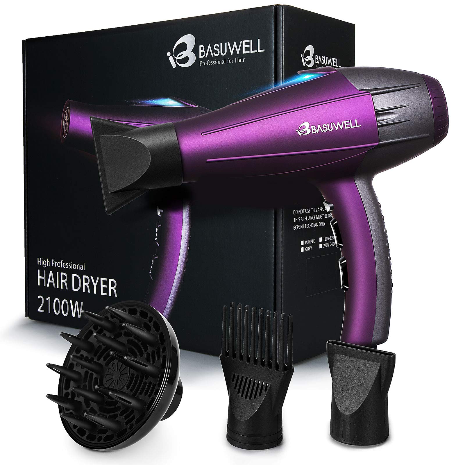 Secador Pelo Profesional 2100W ionico Secador de Pelo con AC motor con 2 Velocidades y 3 Temperatura,concentrador y difusor incluidos, para Hogar y Peluqueria-púrpura (púrpura)