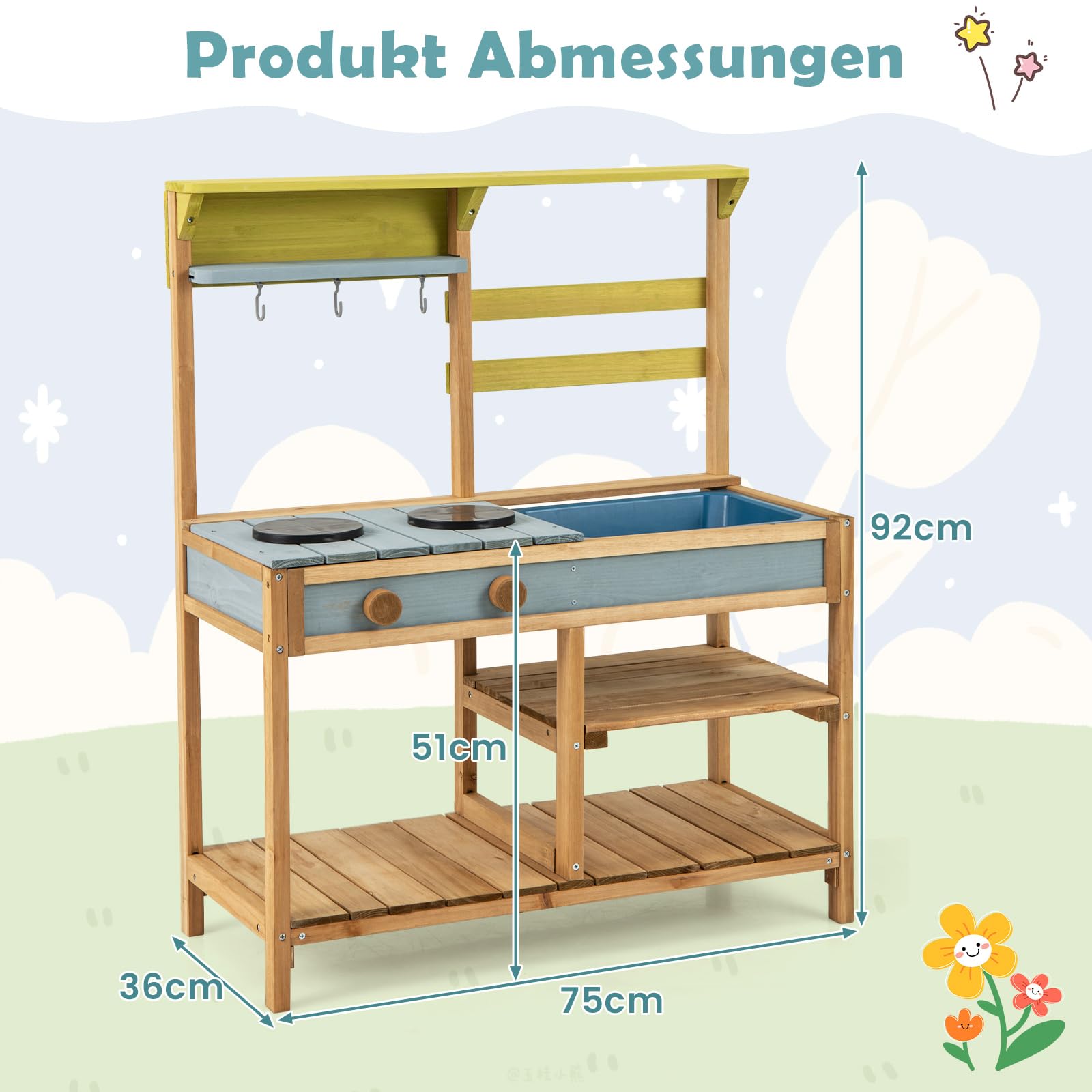 COSTWAY Matschküche Kinder Outdoor, Kinderküche Holz mit Spüle, Spielküche mit Haken & abnehmbarem Regal, Gartenküche Outdoorküche für Kinder ab 3 Jahren