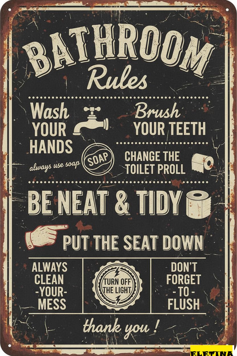 Vintage Metal Tin Sign Bathroom Rules Poster Funny Quotes Plaque Bathroom Decor Toilet Restroom Washroom 8x12 Inch
