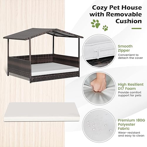 Miniatura 4 de Tangkula Casa de mimbre para perros, cama elevada de ratán para interiores y exteriores con cojín extraíble, funda lavable, techo impermeable,