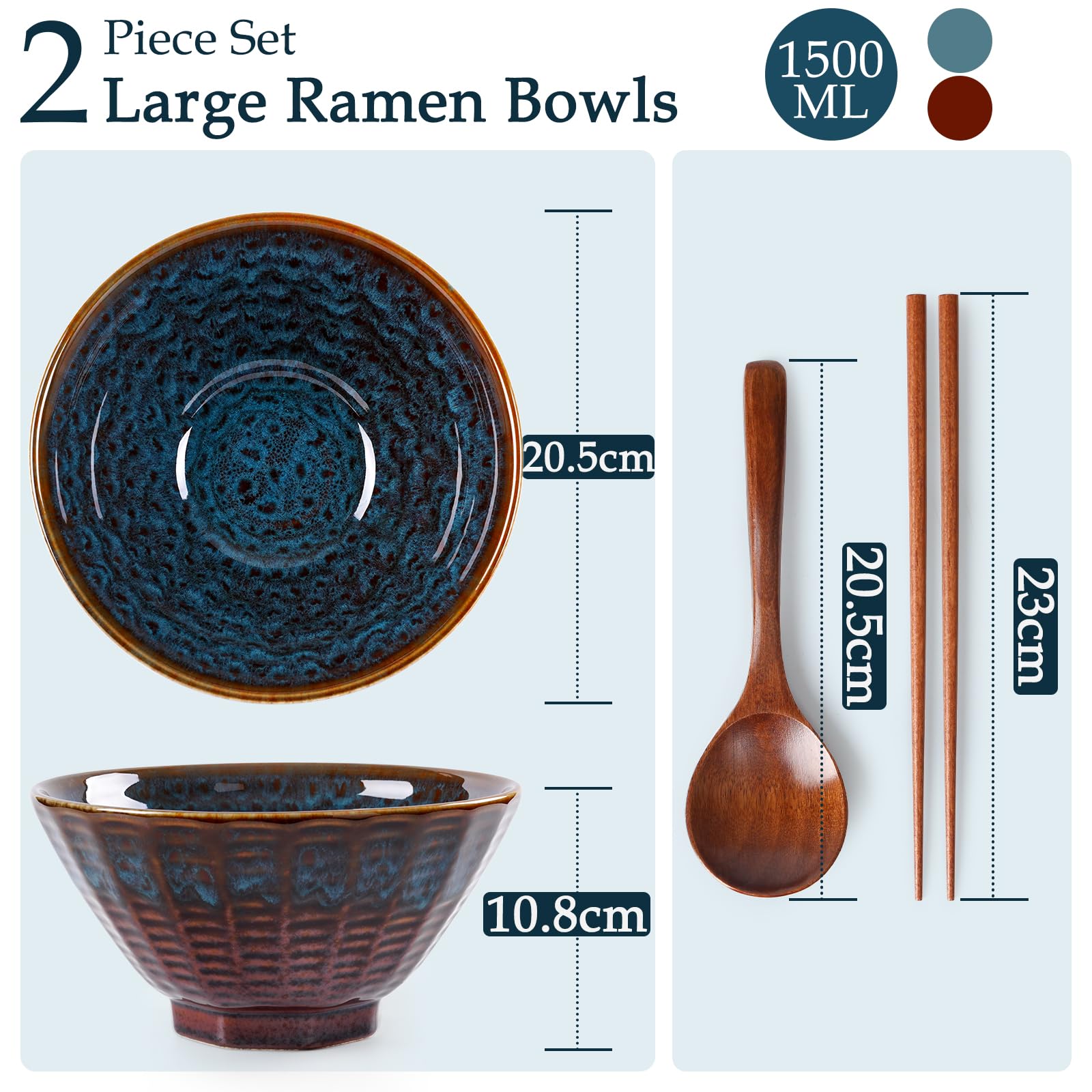 NUTRIUPS 2 cuencos de ramen de cerámica de 1500 ml con palillos y cucharas grandes de ramen, juego de cuencos de ramen, cola de pavo real