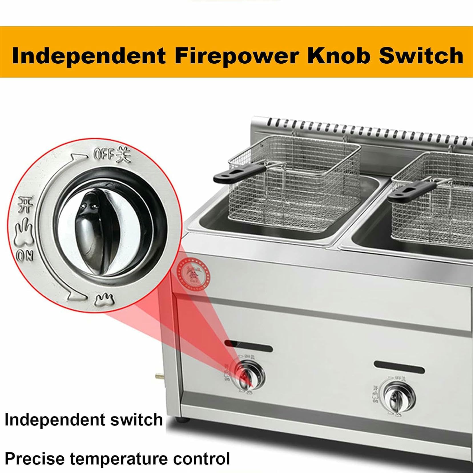 Freidora Profesional de GLP, Freidora Comercial de Doble Tanque de 22 L, Freidora de Acero Inoxidable Grueso con Cestas y Tapas, Control de Temperatura y Potencia de Fuego Ajustabl~/