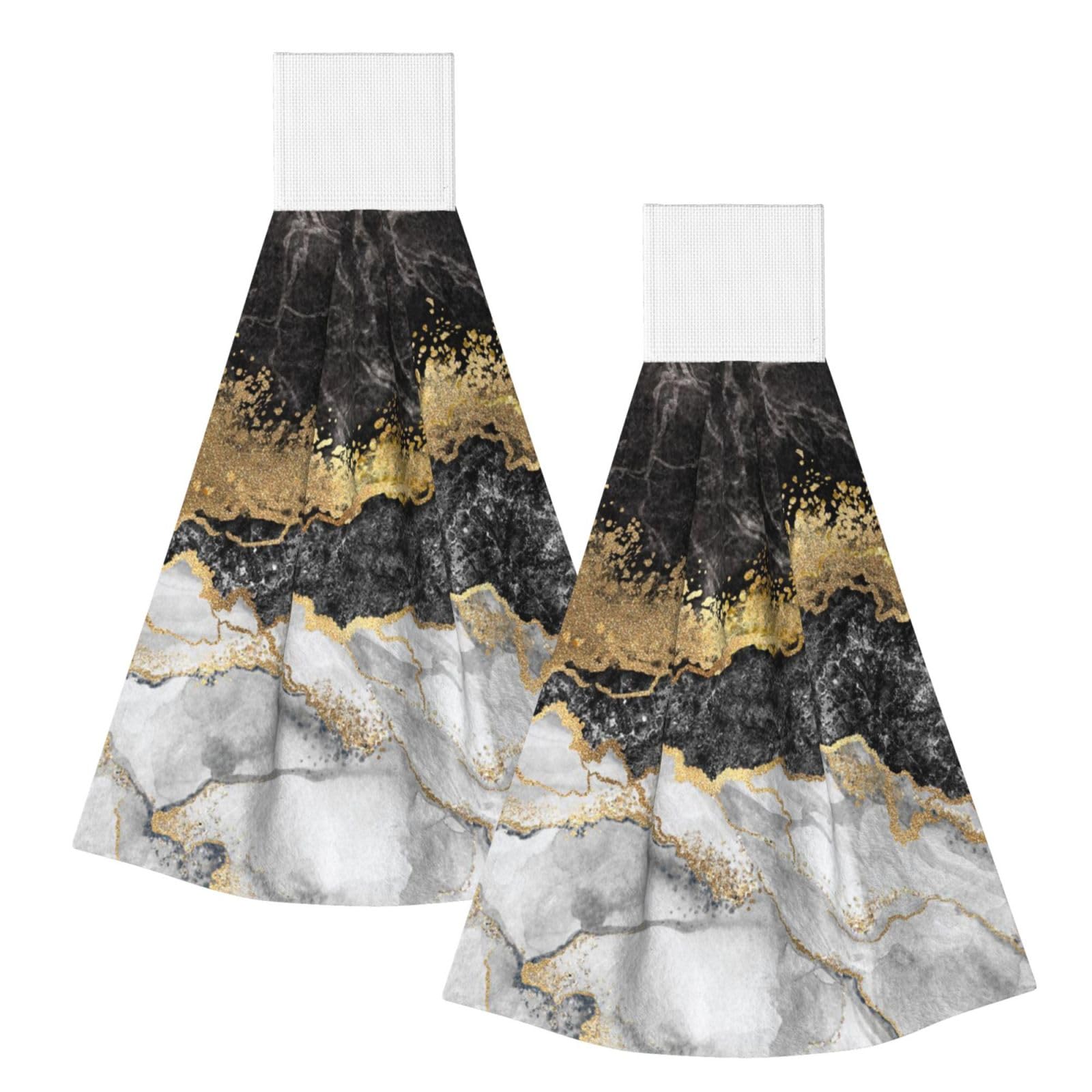 DOPKLNA Black White Gold Foil Marble, 2 Pcs Hanging Coral Fiber Hand Towels for Bathroom, Absorbent Kitchen Towels