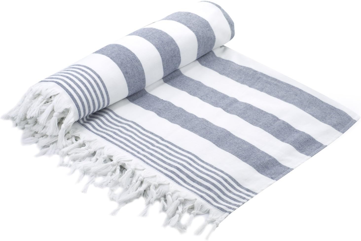 100% Luxury Turkish Cotton Oversized Beach Blanket, 80" by 80", Peshtemal Front with Terry Loop Back, Fouta Blanket, Throw, Terrypesh Beach Towel, Queen Size (White-Blue)