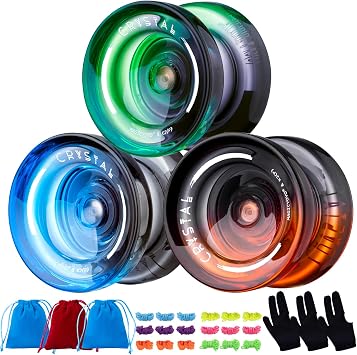 MAGICYOYO Pack of 3 Responsive Yoyos for Kids Beginners, K2 Crystal YoYo with 3 Yo Yo Gloves, 3 Yo-yo Bags, 18 Yoyo Strings Black Green+Black Blue+ Black Orange
