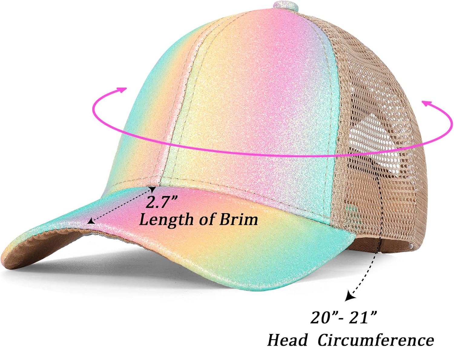 Girls Glitter Baseball Cap Criss Cross Hat, Girl High Ponytail Hat - Kids Trucker Hat with High Bun Messy Ponytail(Ages5-15) - Image 3