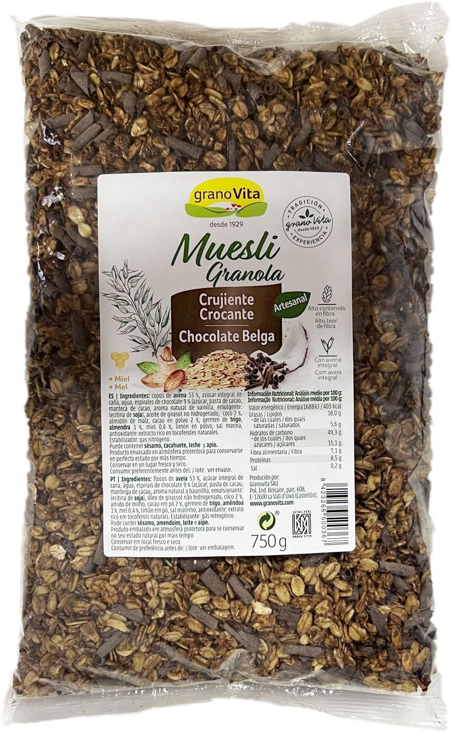 Granovita - Muesli Crujiente con Chocolate - 100 % Natural - Chocolate Belga - Granola con Avena Integral - Propiedades Antioxidantes -