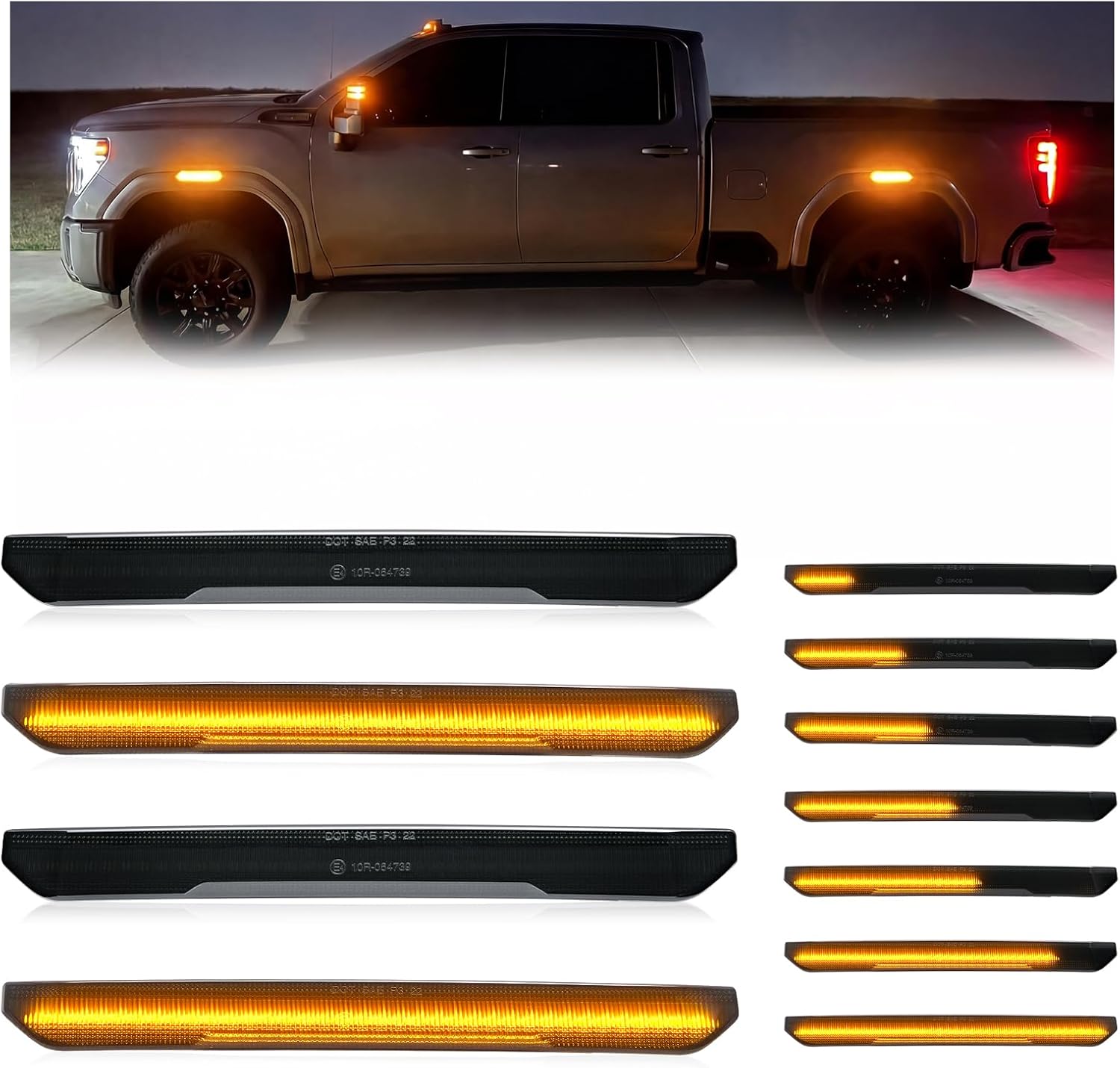 4PCS Dynamic LED Side Marker Light for 2020 2021 2022 2023 2024 2025 GMC Sierra 2500HD 3500HD Pickup Truck Front & Rear Smoked Lens Amber Side Marker Lamps, OEM Replacement #84806032,84806031