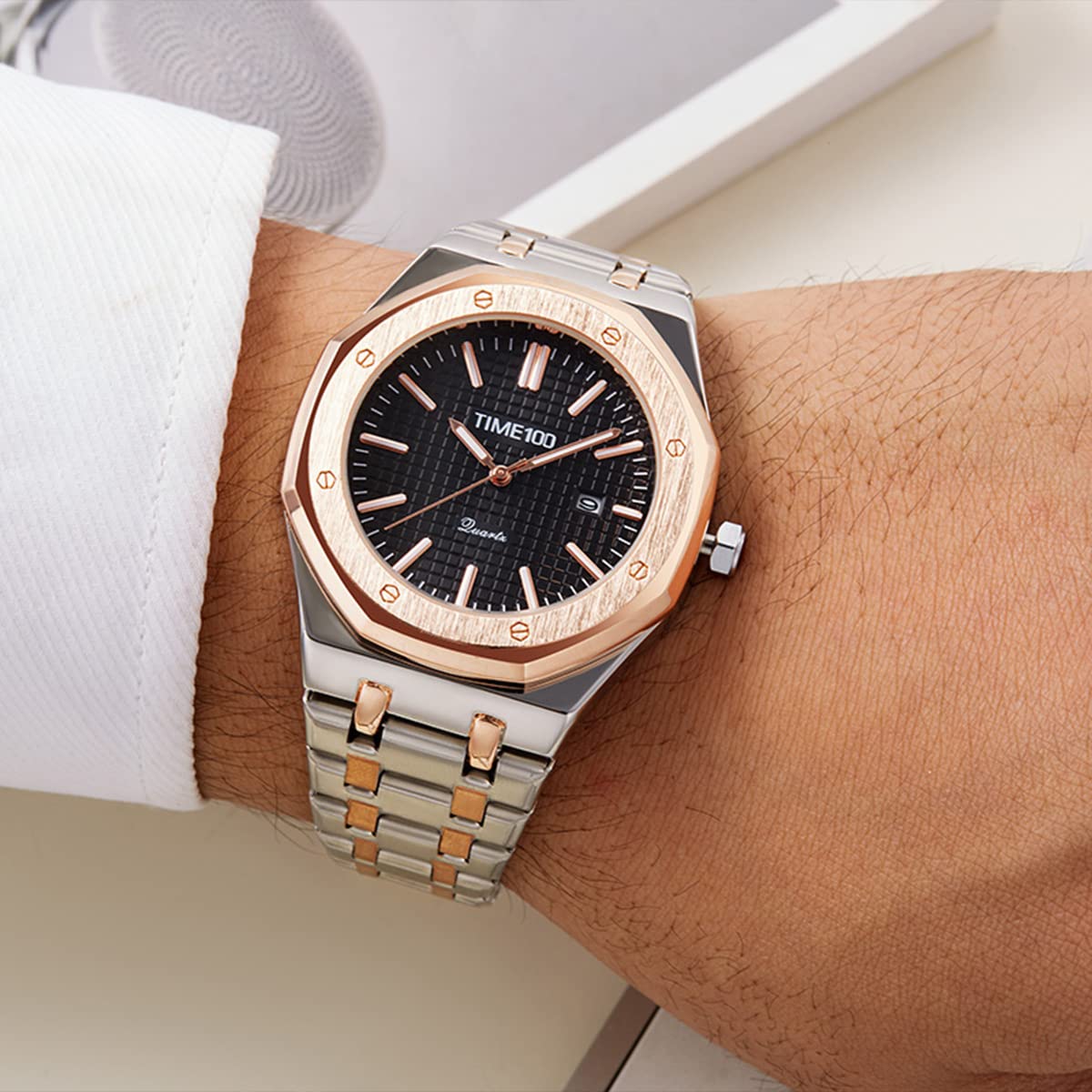 TIME100 Orologio Automatico Uomo Al Qarzo In Acciaio Inossidabile Impermeabile Orologio da Polso Elegante Regalo per Uomo（Nero）