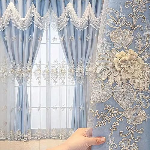 Luxury Pencil Pleat Curtains - 1 Pair European Wavy Valance Drapes for Living Room & Bedroom, Double Layer Embroidered, Blue, W 66" x L 90" (2 Panels)
