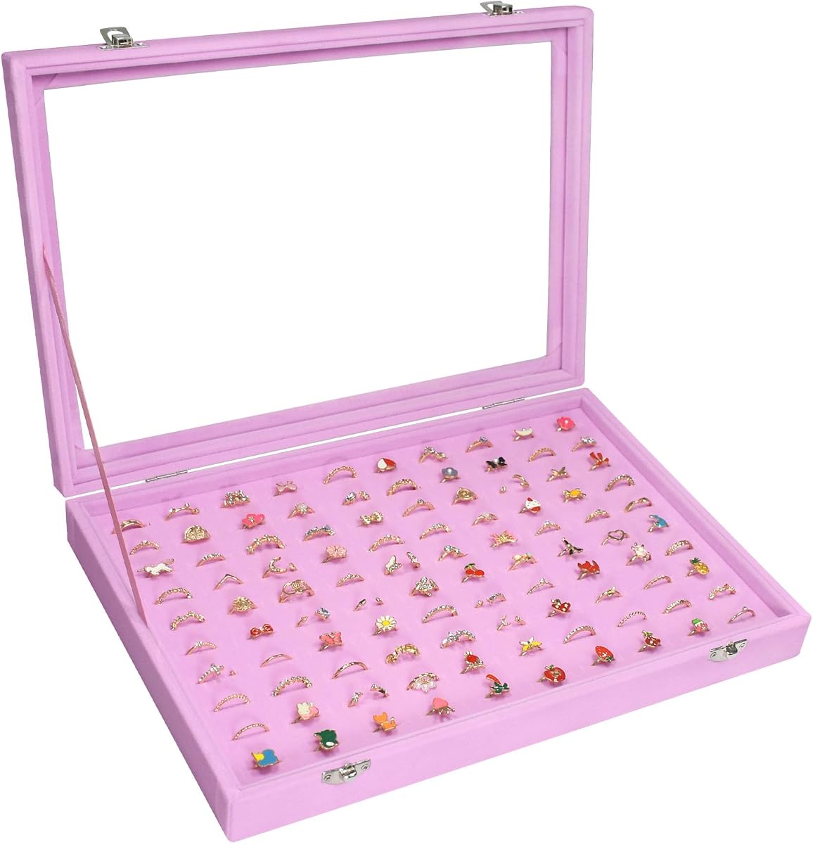 Vicoter Bandeja organizadora de anillos con 100 ranuras, Caja de anillos de terciopelo con tapa transparente | El forro de terciopelo brinda protección, se adapta a anillos de varios tamaños, bandeja de joyería con tapa de vidrio, para uso personal y exhibición de anillos, color rosa
