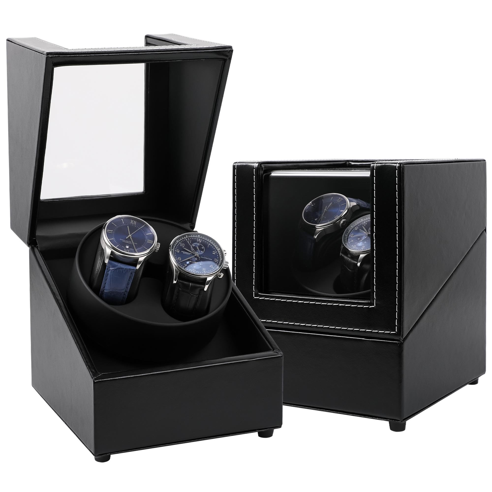 Caja giratoria para 2 Relojes automáticos, Cable de Carga USB, Piel sintética, con Motor silencioso, Color Negro