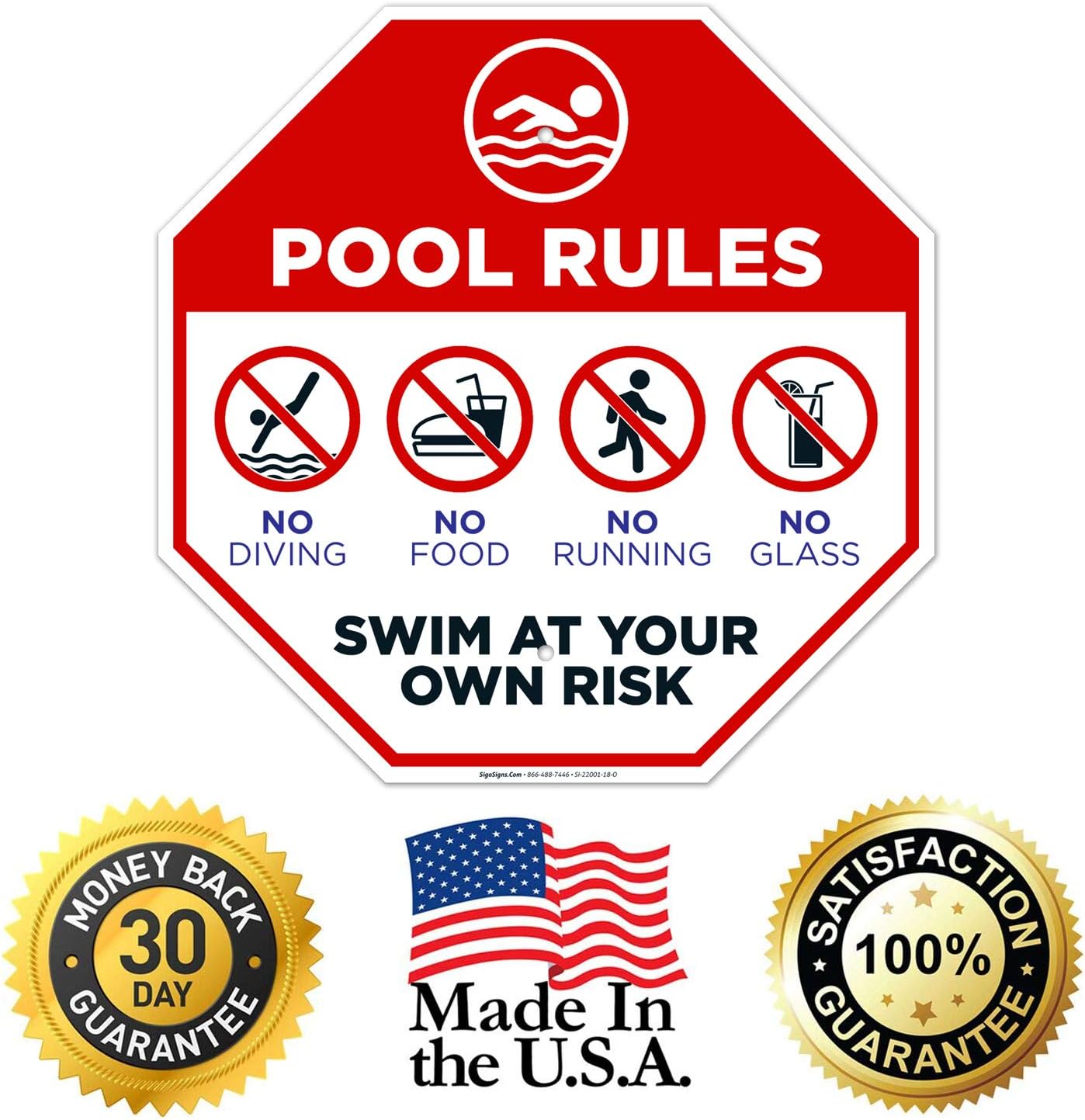 Pool Rules Sign, Pool Sign, 18x18 Inches, Rust Free .063 Aluminum, Fade Resistant, Easy Mounting, Indoor/Outdoor Use, Made in USA