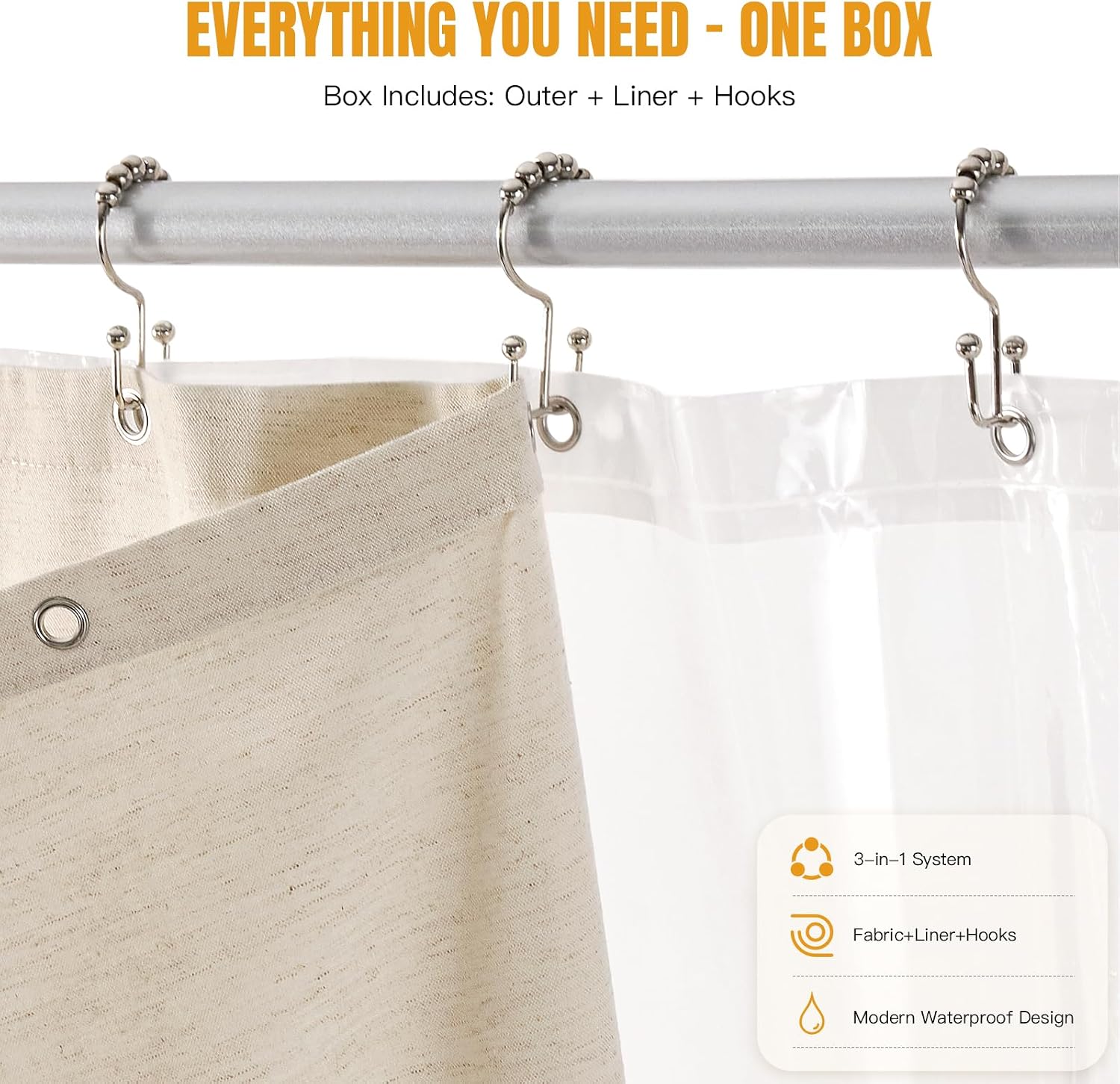 Linen Shower Curtain Set with Liner & Hooks, Waterproof, 72x72