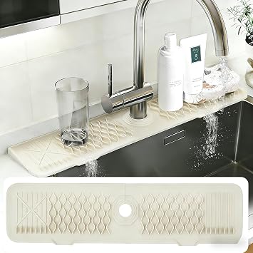 EBIGIC 24 Inch Silicone Faucet Mat for Kitchen Sink, 7° Slope Fast Self-Draining Sink Splash Guard, Kitchen Sink Water Catcher Organizer, Kitchen Sink Accessories (off-white, 24''x5.6'')