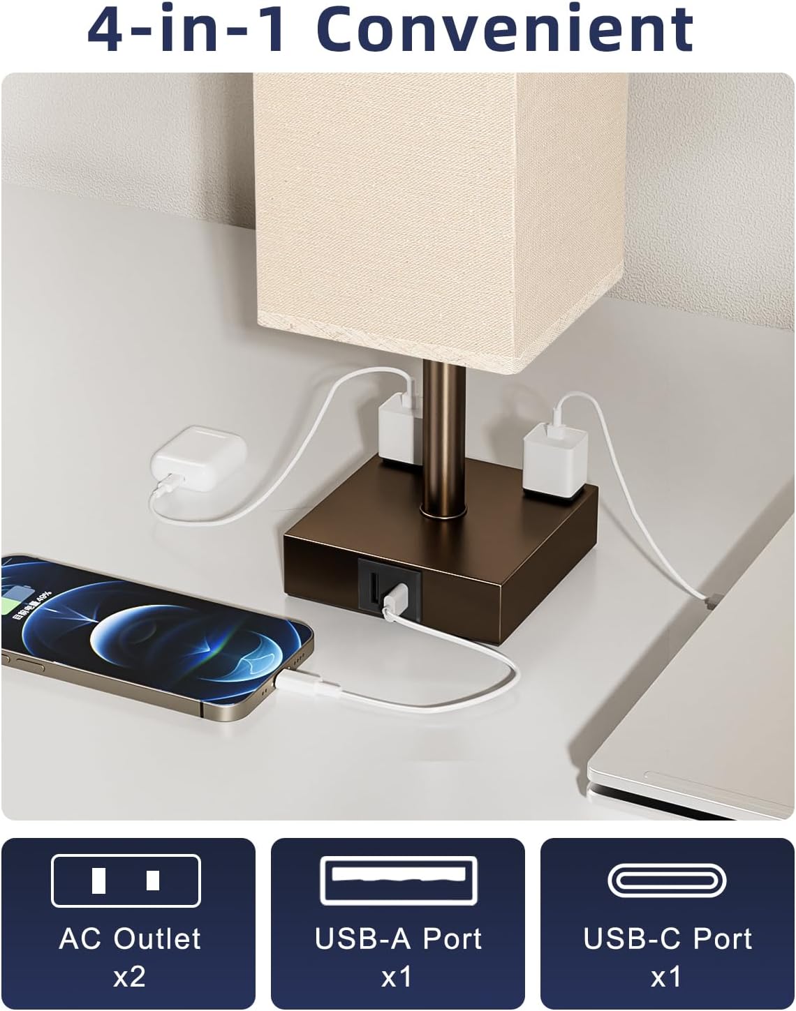 Brown Touch Table Lamp for Bedroom - Dimmable, USB C+A, 2 AC Outlets | 3-Way Dimming, 3000K Bulb Included, Square Brown Lampshade and Black Base, Desk Lamp for Nightstand, Living Room, Dorm thumbnail