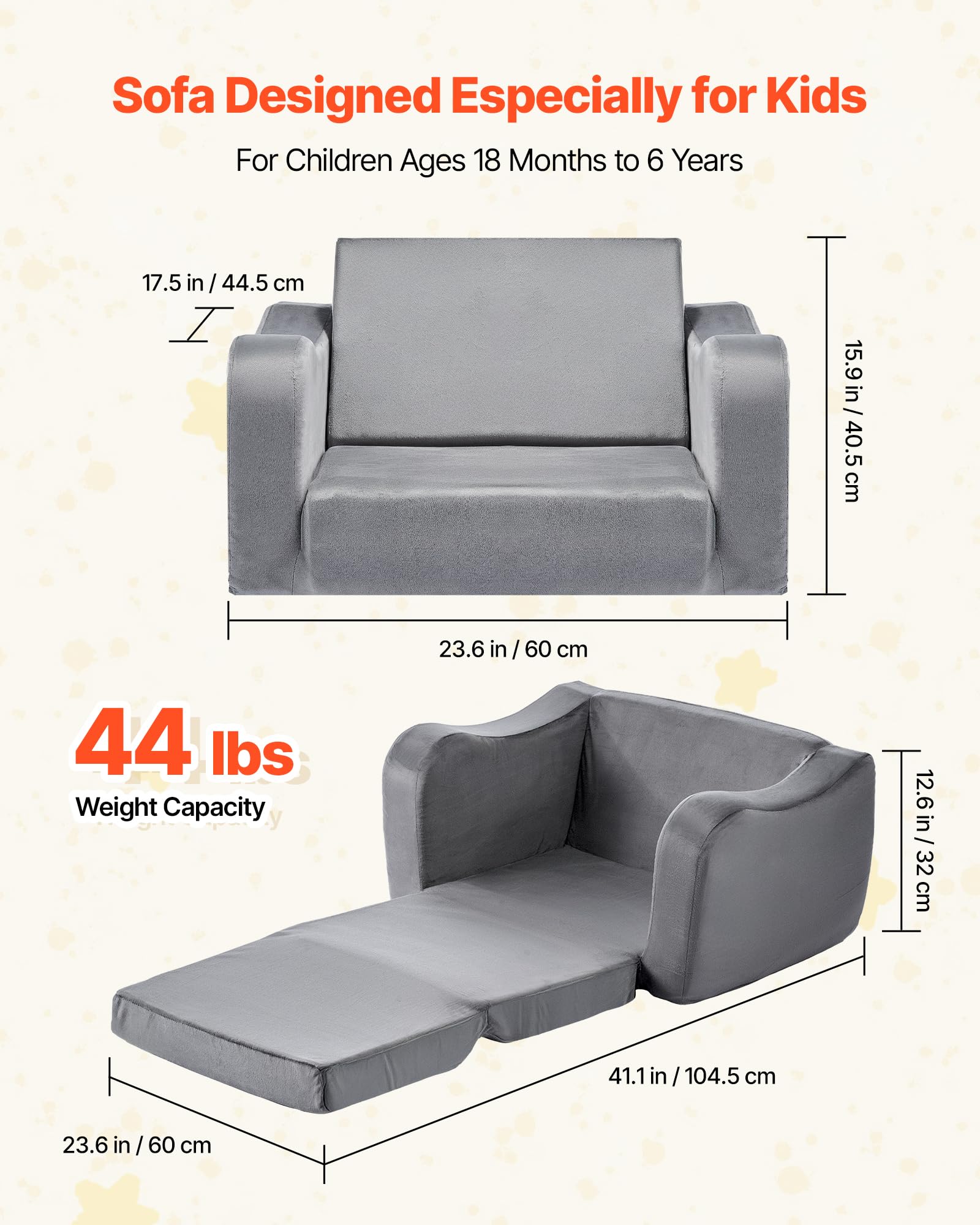 VEVOR Canapé pour Enfants 2-en-1 Convertible en Chaise Longue, Canapé-lit Pliable et Moelleux, avec Accoudoirs, en Éponge 28D et Poils Courts, Sofa Tout-Petits pour Chambre d’Enfants, Gris, M
