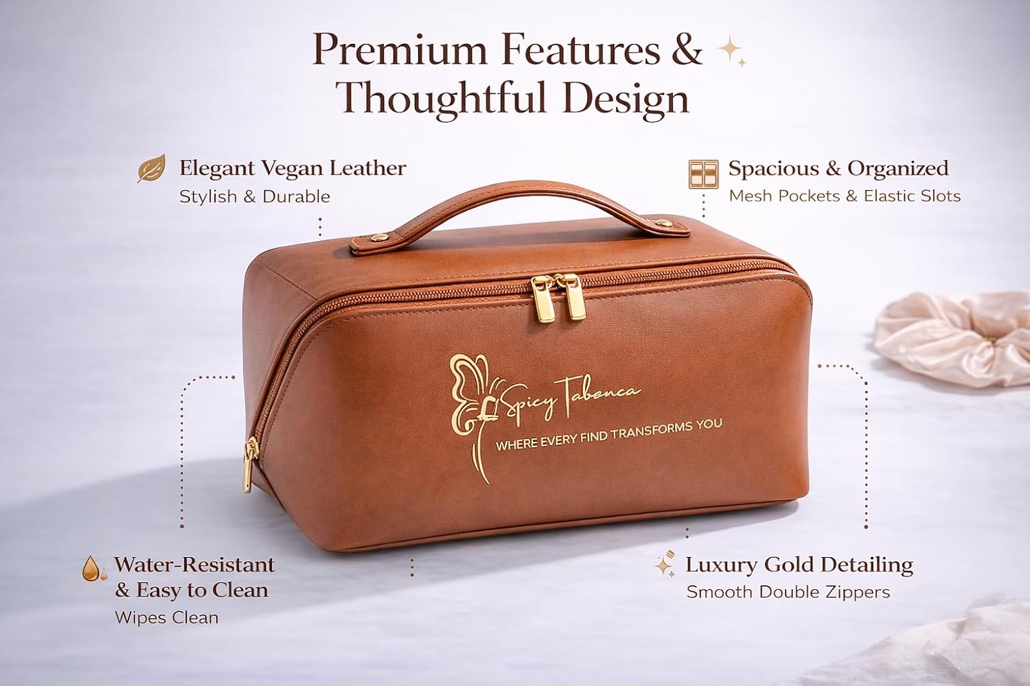 Luxury Cosmetic Bag for Women – Vegan Leather Makeup Organizer, Travel Toiletry Pouch with Compartments, Stylish Gift for Her, Mother’s Day, Birthday, Graduation, Bridesmaid