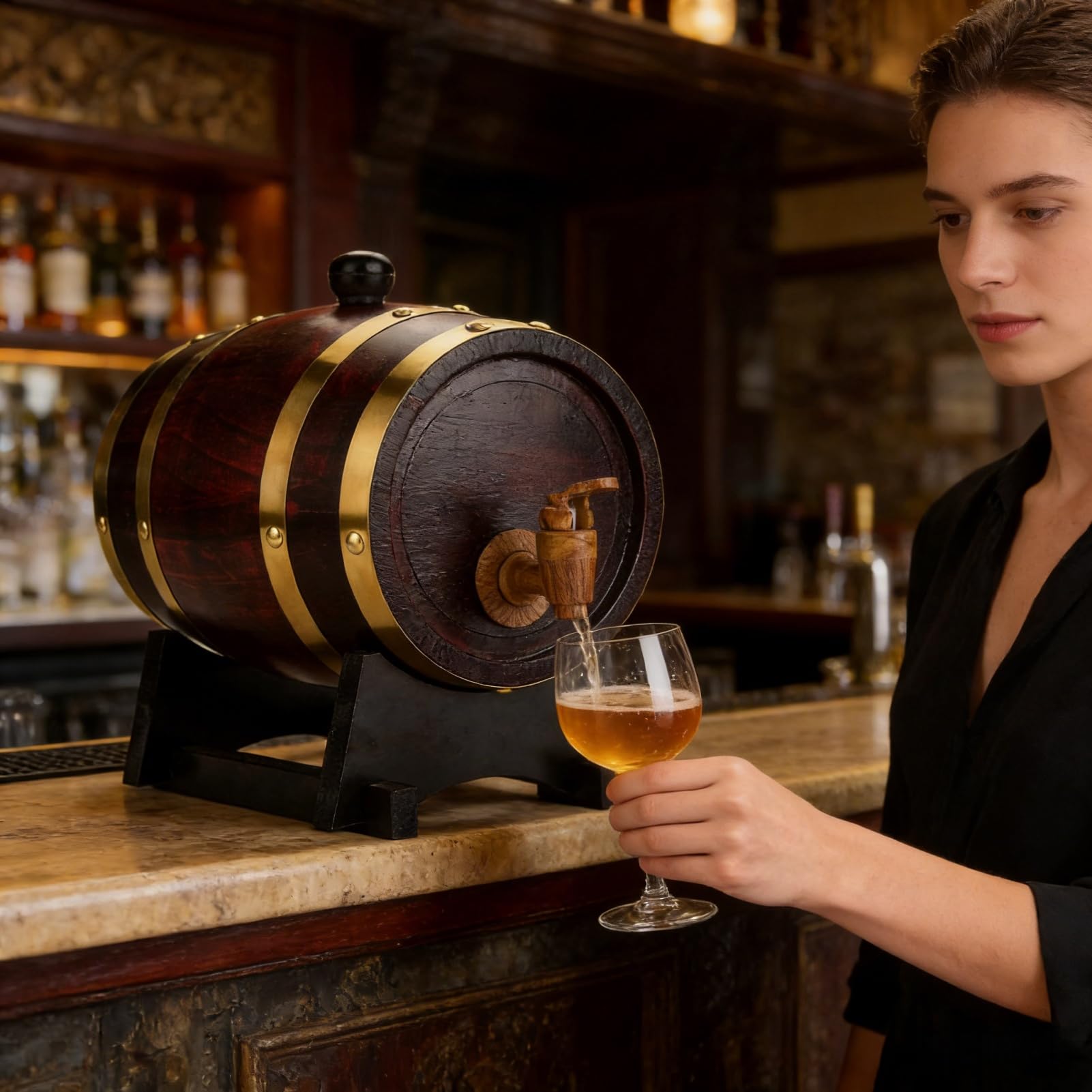 TARSHYRY Barril Vino,Barril de Envejecimiento de Roble de 1.5 Litros con Soporte para Whisky,Puerto de Ron que Mejora el Sabor y la Suavidad,Esencial para el Barman en el Hogar,Barrica de Fermentación