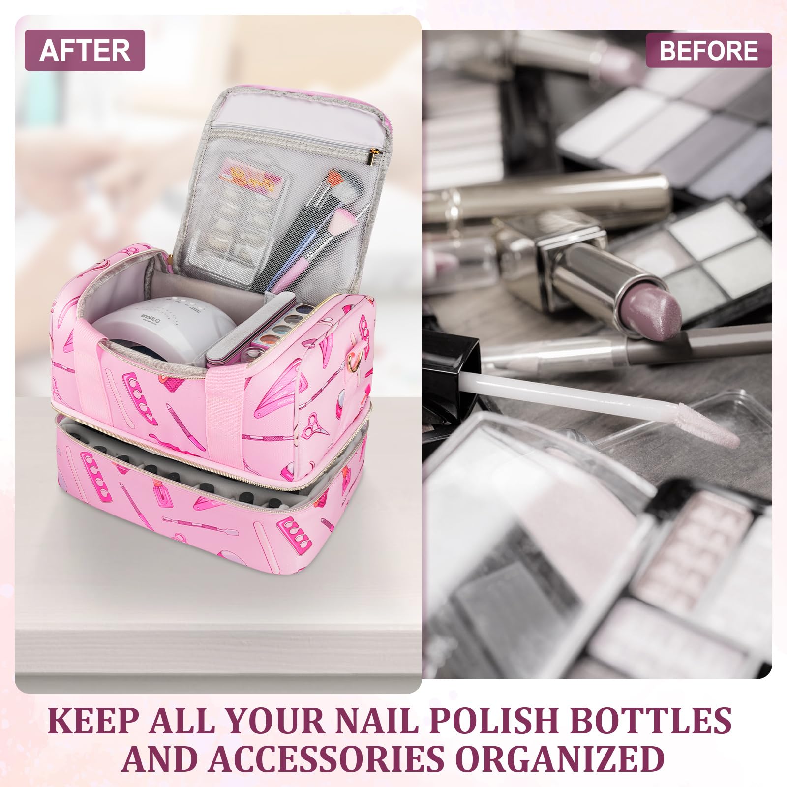 Nail Polish Organizer Case, Double Layers Nail Organizers and Storage, Holds 40 Bottles Gel Nail Polish&Nail Lamp - Image 4