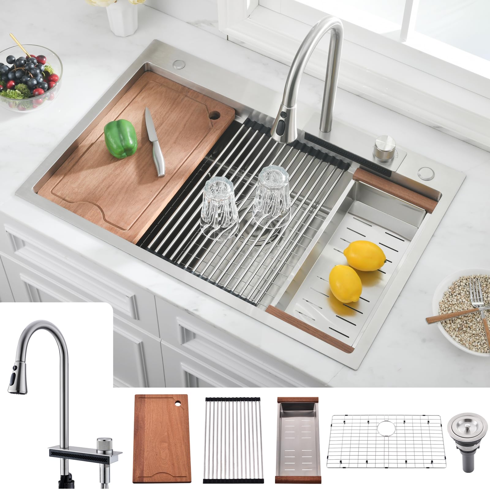 33 Inch Drop In Kitchen Sink With Waterfall Faucet-SOMRXO Kitchen Sink 33×22 Drop In Workstation Kitchen Sink 16 Gauge Stainless Steel Kitchen Sink Single Bowl Kitchen Sink With Waterfall Faucet Combo