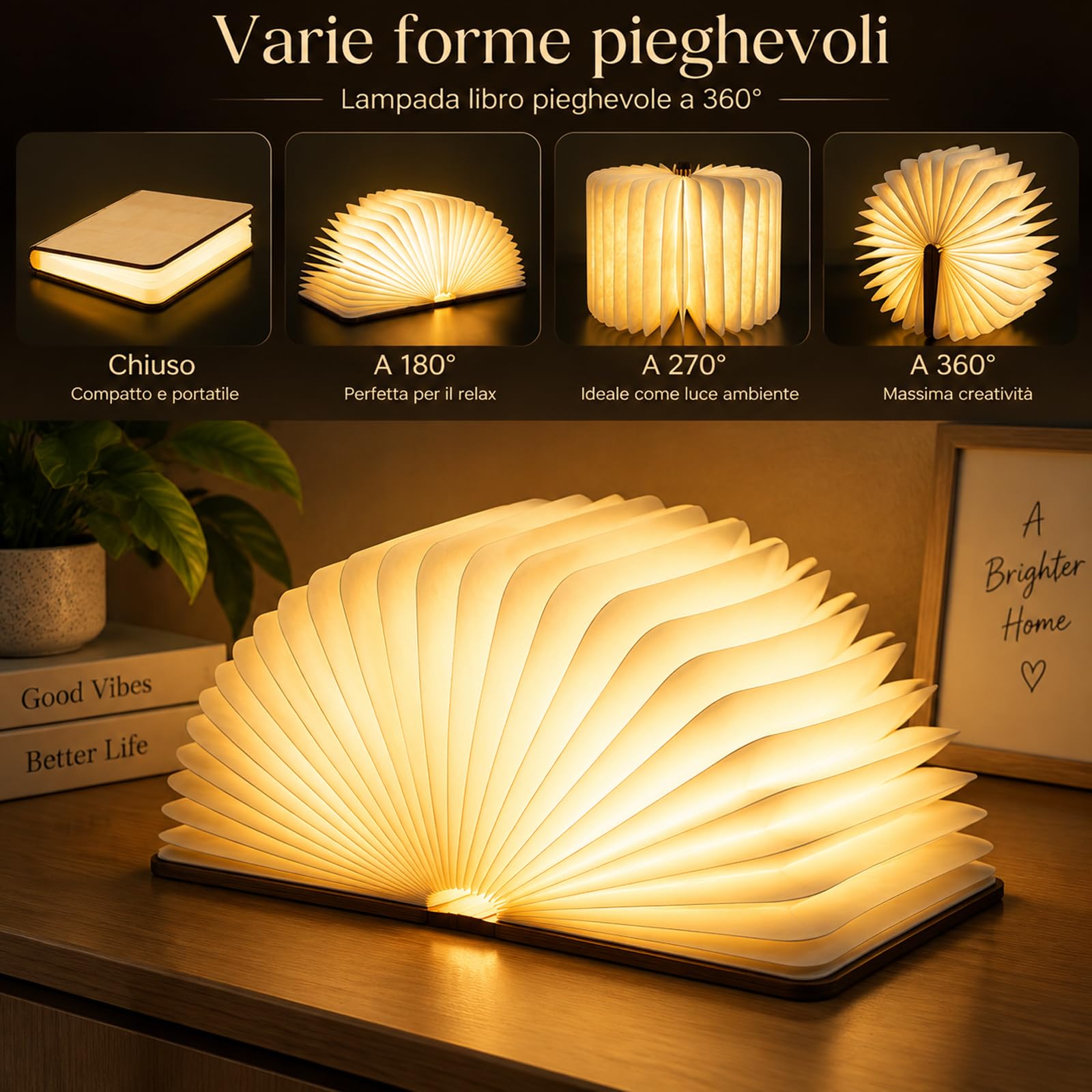Doni Bomboniere 1 pièce Lampe livre en bois pliable veilleuse portable rechargeable USB lampe de table magnétique design élégant maison bureau décoration (MOD. 04-16,5 x 12,5 x 2,5 cm)