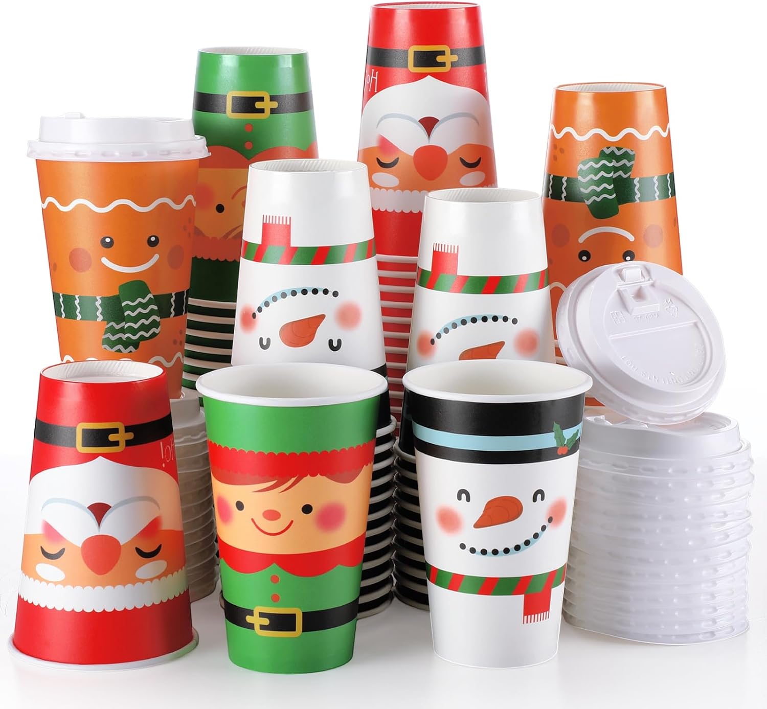 Peryiter 100 Pack 9 oz Christmas Paper Coffee Cups with Lids Disposable Hot Chocolate Cups Christmas Drinkware Party Supplies for Coffee Tea Beverage, 4 Styles