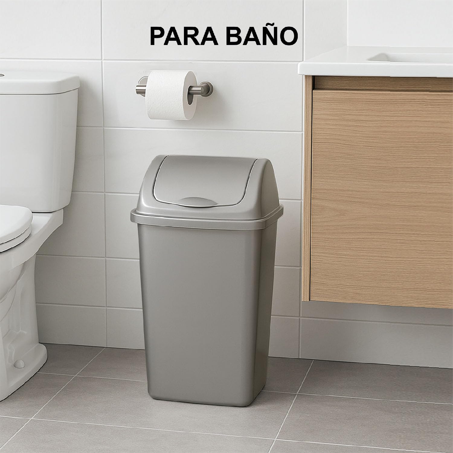 TIENDA EURASIA - Papelera con Tapa Basculante, Cubo de Basura 50 Litros, Papelera para Baño, Oficina, Cocina, Cubo Basura Tamaño 40 x 35 x 68 cm (Plata)