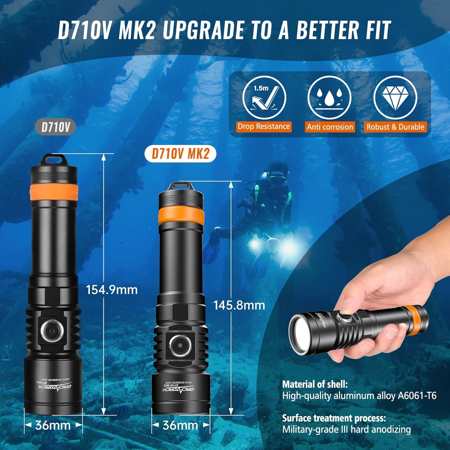 ORCATORCH D710V MK2 Torcia Subacquea, 2300 lumen Luci subacquee 3in1 (Bianca +UV+Rossa) per Fotografia e Video Subacquei, IP68 Impermeabile, per 150M Immersioni Notturne, Wreck, Campeggio