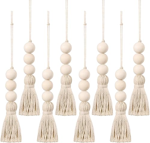 SEWACC 8 guirnaldas de cuentas de madera con borlas, cuentas de granja, cuentas de oración bohemia, decoración rústica de campo, cuentas de borla de