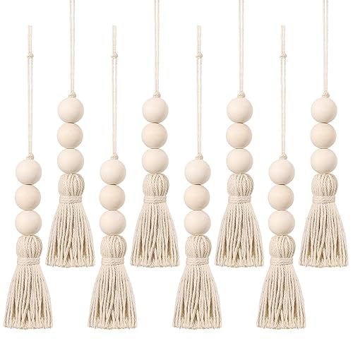 Garneck 8 Pack Wood Beaded Tassels: 14 Inch Natural Jute