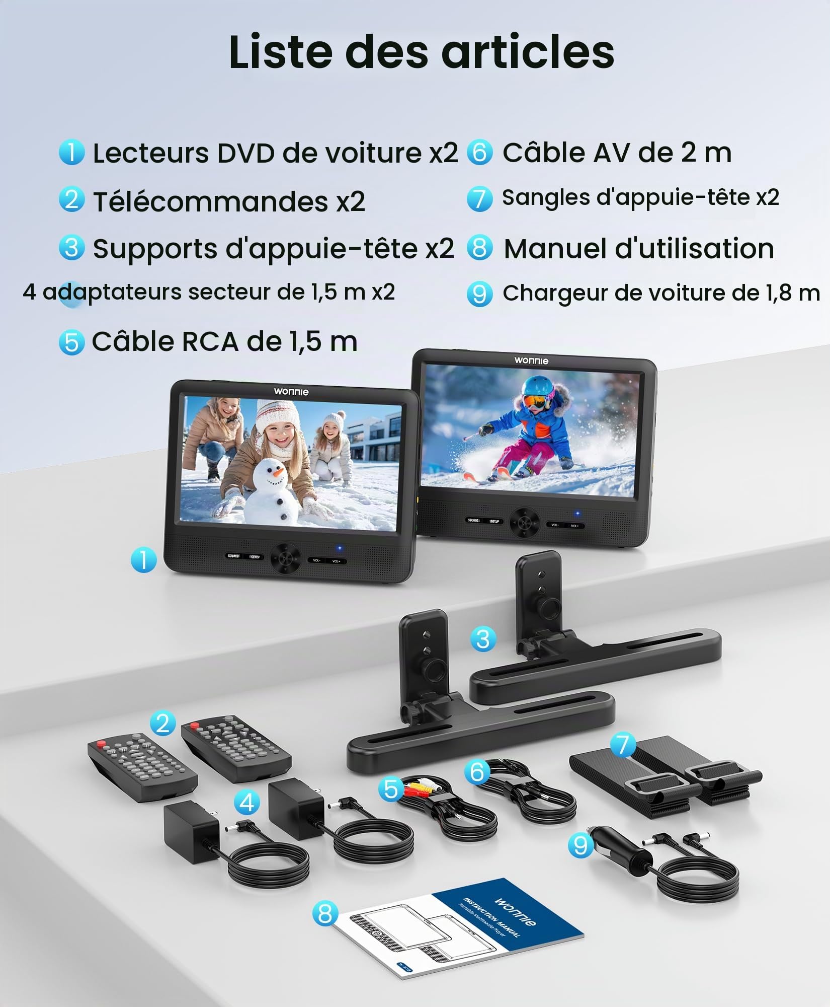 WONNIE Lecteur DVD portable de 10 pouces avec deux films différents ou identiques avec 2 supports d'appui-tête, batterie rechargeable 5H, dernier stockage, sortie/entrée AV