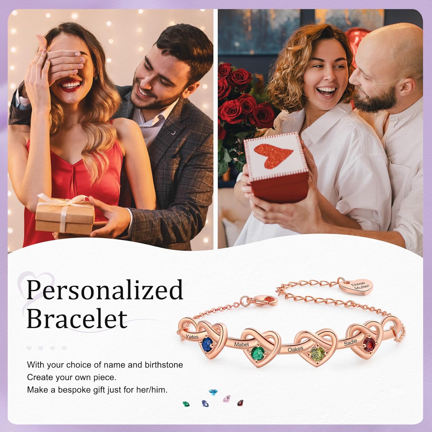 Customized Bracelets for Women Women's Link Bracelet Heart with Birthstone Custom Name Personalized Jewelry Gift for Her