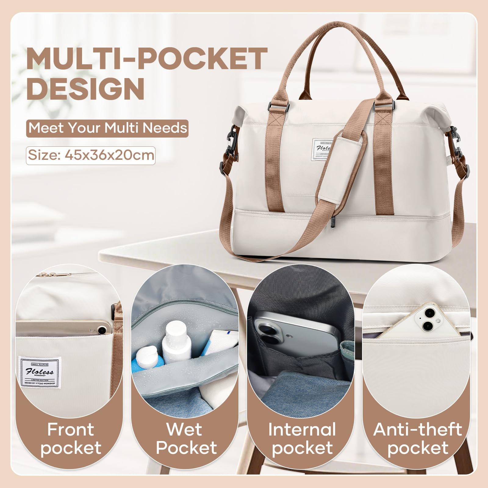 HPLQQ Sac de Voyage Femme, Bagage Cabine 45x36x20 Easyjet, Imperméable Sac fourre-Tout de Sport pour Week-End pour Travel Gym Danse avec Compartiment Chaussures,A01-Marron Beige
