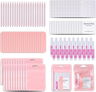 Press On Nail Tool Kit with Everything, Bebbtiy Nail Prep Tool Disposable Manicure Kit with Nail File, Nail Glue, Prep Pads, Adhesive Nail Tabs,Wood Stick, Packaging Bag (20pcs-pink)