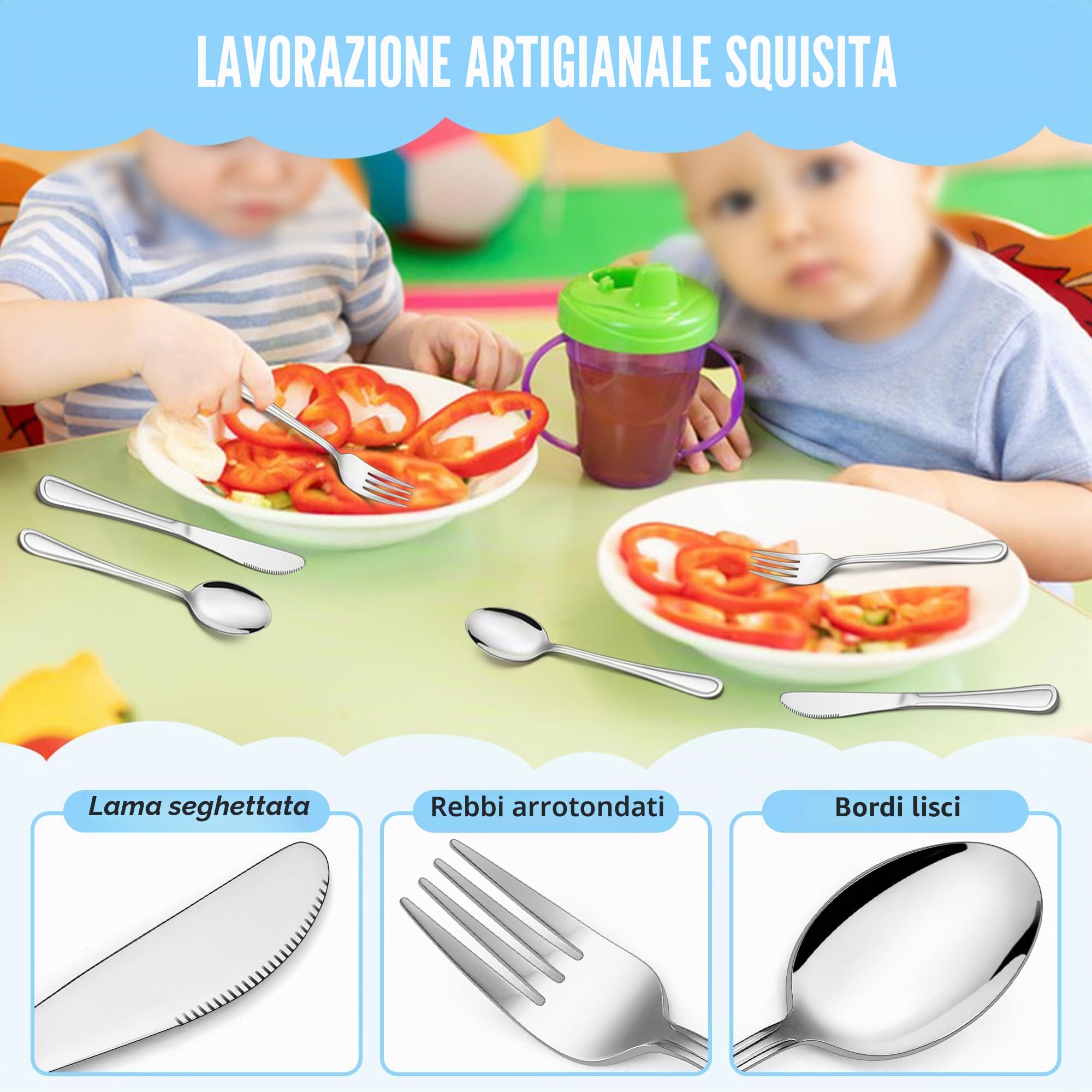 HaWare Set di 8 posate per bambini in acciaio inox (16, linee semplici)