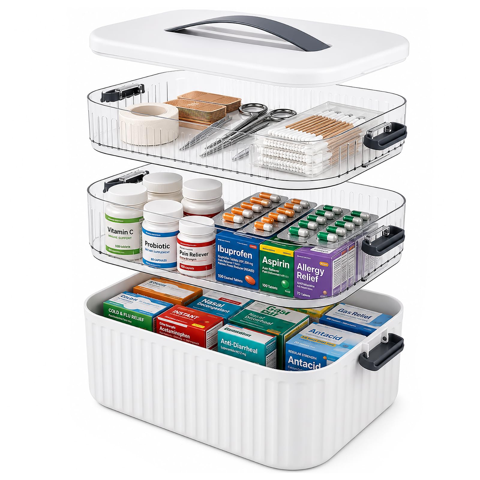 3 Layer Medicine Storage Box with Handle, Portable Plastic Medicine Container First Aid Box Empty, Large Household Medication Storage Box Pill Organizer for Home Cabinet Office Travel Car School