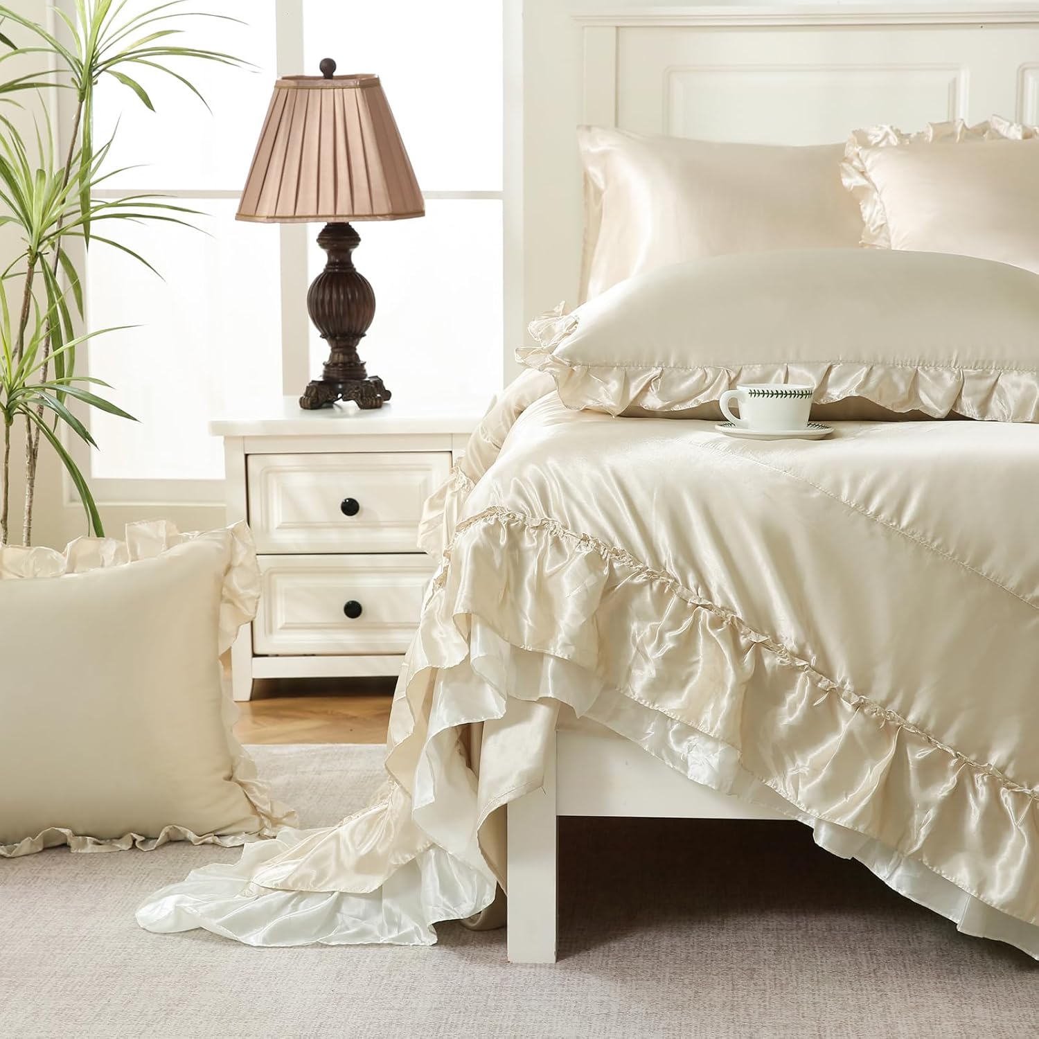 Bedbay Satin King Size Comforter Set with Sheets,Shabby Ruffled Bed Comforter 8 Pcs,Elegant Ruffle Room Decor Aesthetic Comforter King Bed in a Bag Set,Silk Like Satin Luxury Silky Bed Set