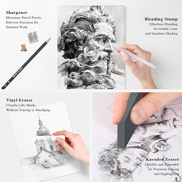 Sketch Pencils for Drawing, Drawing Pencils Set of 18, 10B–4H Graphite Pencil, Vinyl Eraser, Kneaded Eraser, Sharpener, Blending Stump,Sketch Set for Artists, Art Supplies.