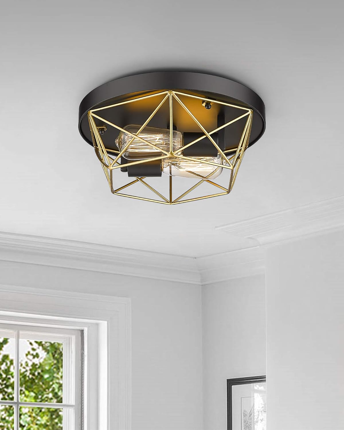 2-Light Industrial Ceiling Light, HWH Brass Metal Cage Flush Mount Lighting Fixture, Black and Gold for Bedroom, Hallway, Foyer, Living Room, 5HY28F BK+BG
